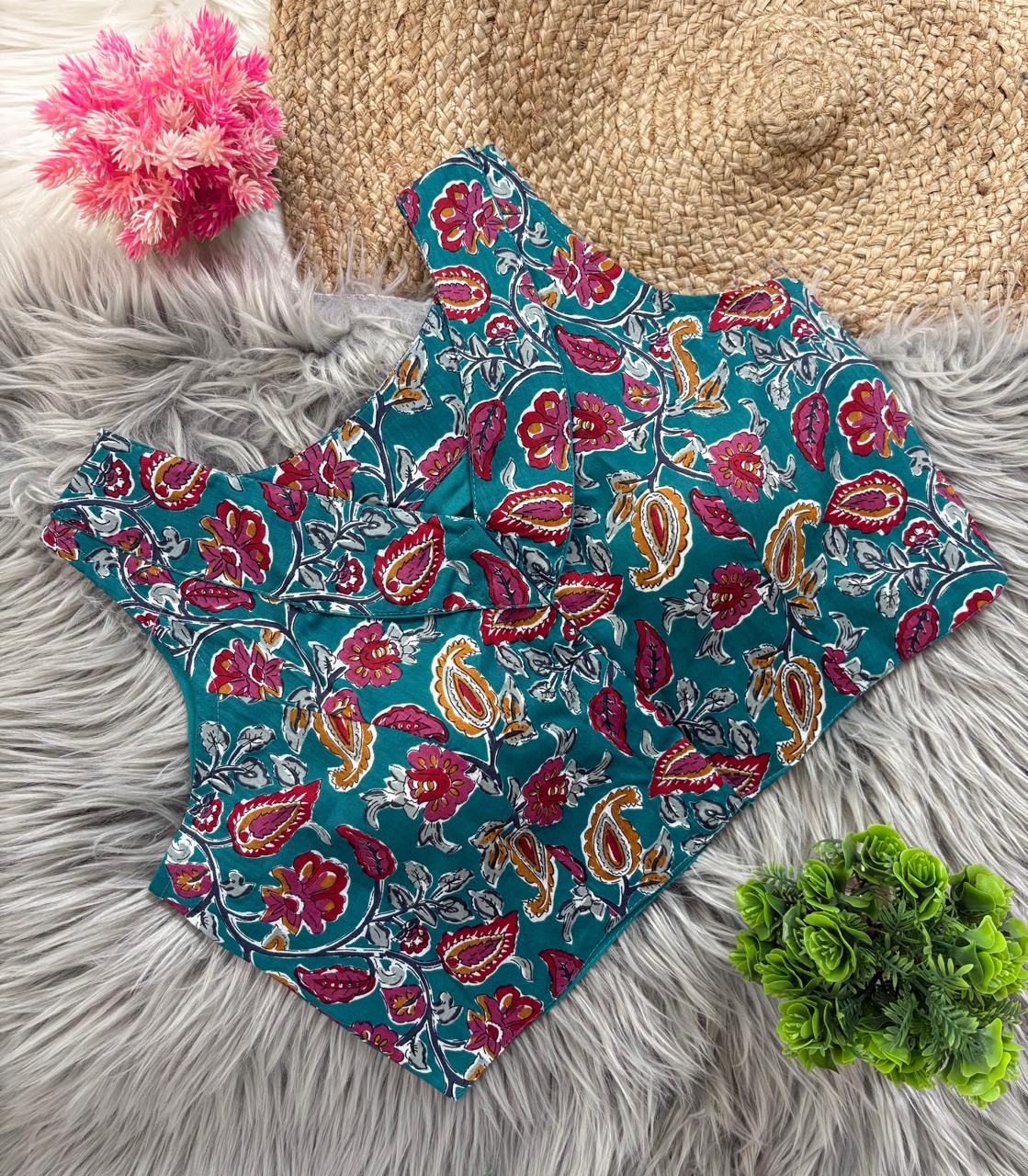 Kalamkari Cotton V Neck Collar Blouse for Women