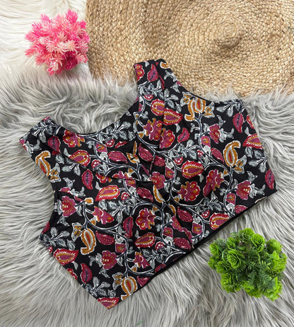Kalamkari Cotton V Neck Collar Blouse