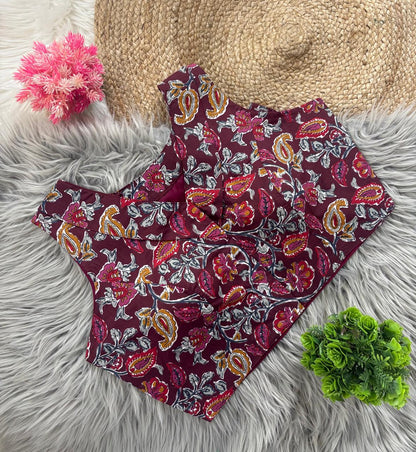 Kalamkari Cotton V Neck Collar Blouse
