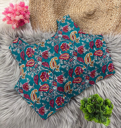 Kalamkari Cotton V Neck Collar Blouse