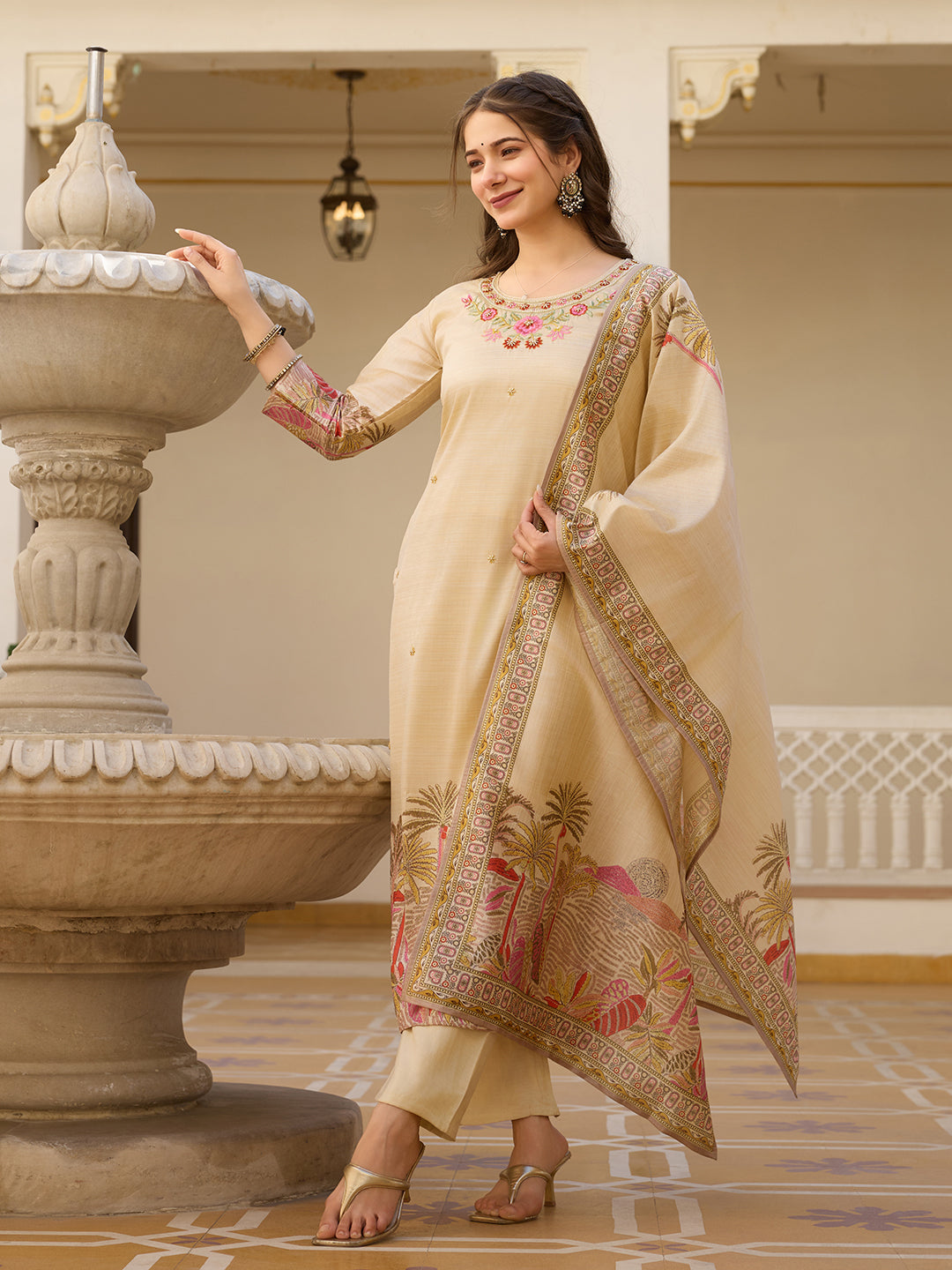 Cream Assam Silk Salwar Suit With Bead Embroidery for Women