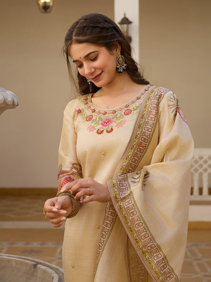 Cream Assam Silk Salwar Suit With Bead Embroidery for Women