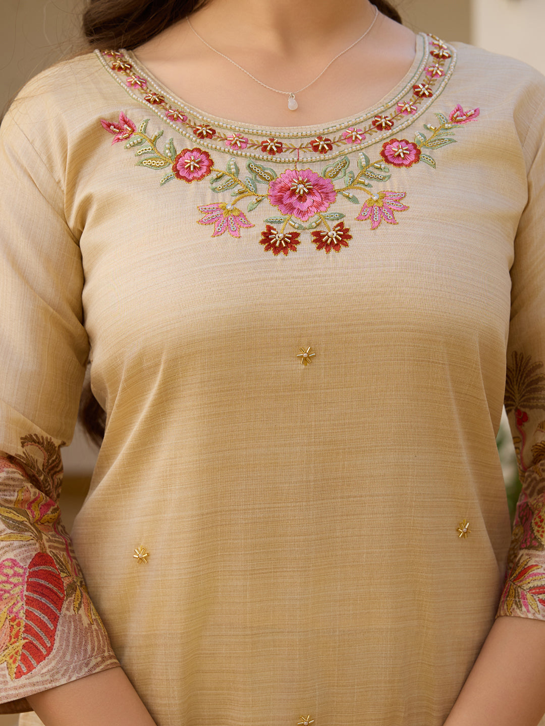 Cream Assam Silk Salwar Suit With Bead Embroidery for Women