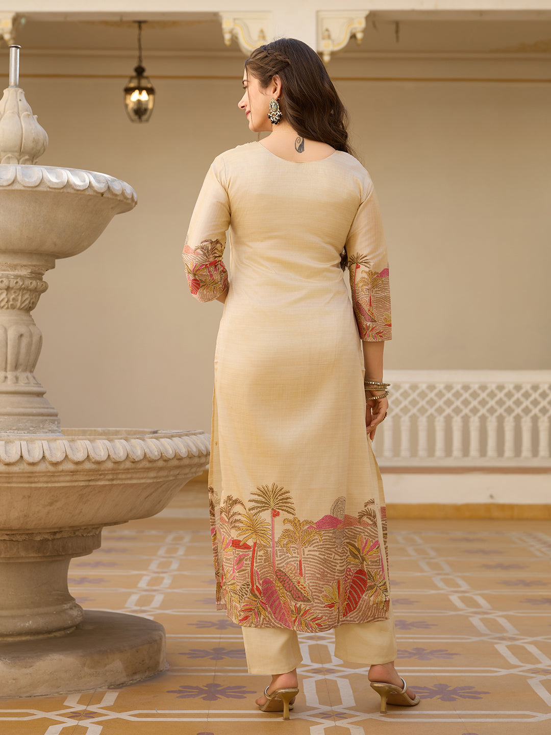 Cream Assam Silk Salwar Suit With Bead Embroidery for Women