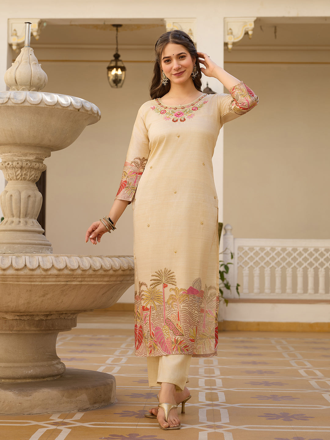 Cream Assam Silk Salwar Suit With Bead Embroidery for Women