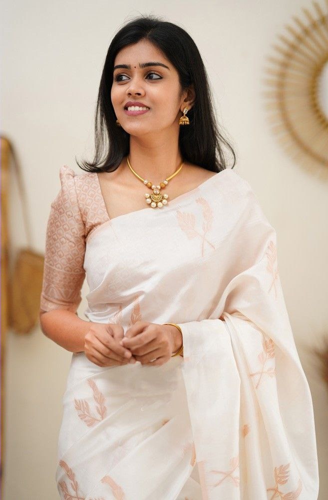 Cream Banarasi Lichi Silk Saree with Jacquard Border for Women
