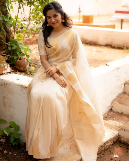 Cream Banarasi Soft Silk Saree with Elegant Zari Design for Women