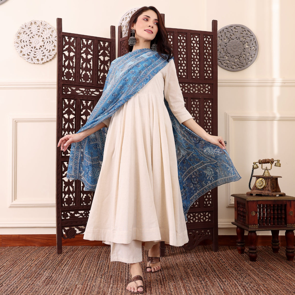 Cream Chanderi Silk Kurti Pant Dupatta Set for Women