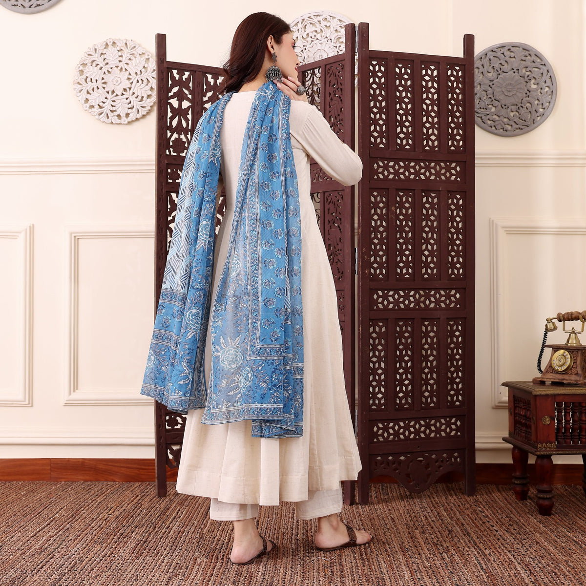 Cream Chanderi Silk Kurti Pant Dupatta Set for Women