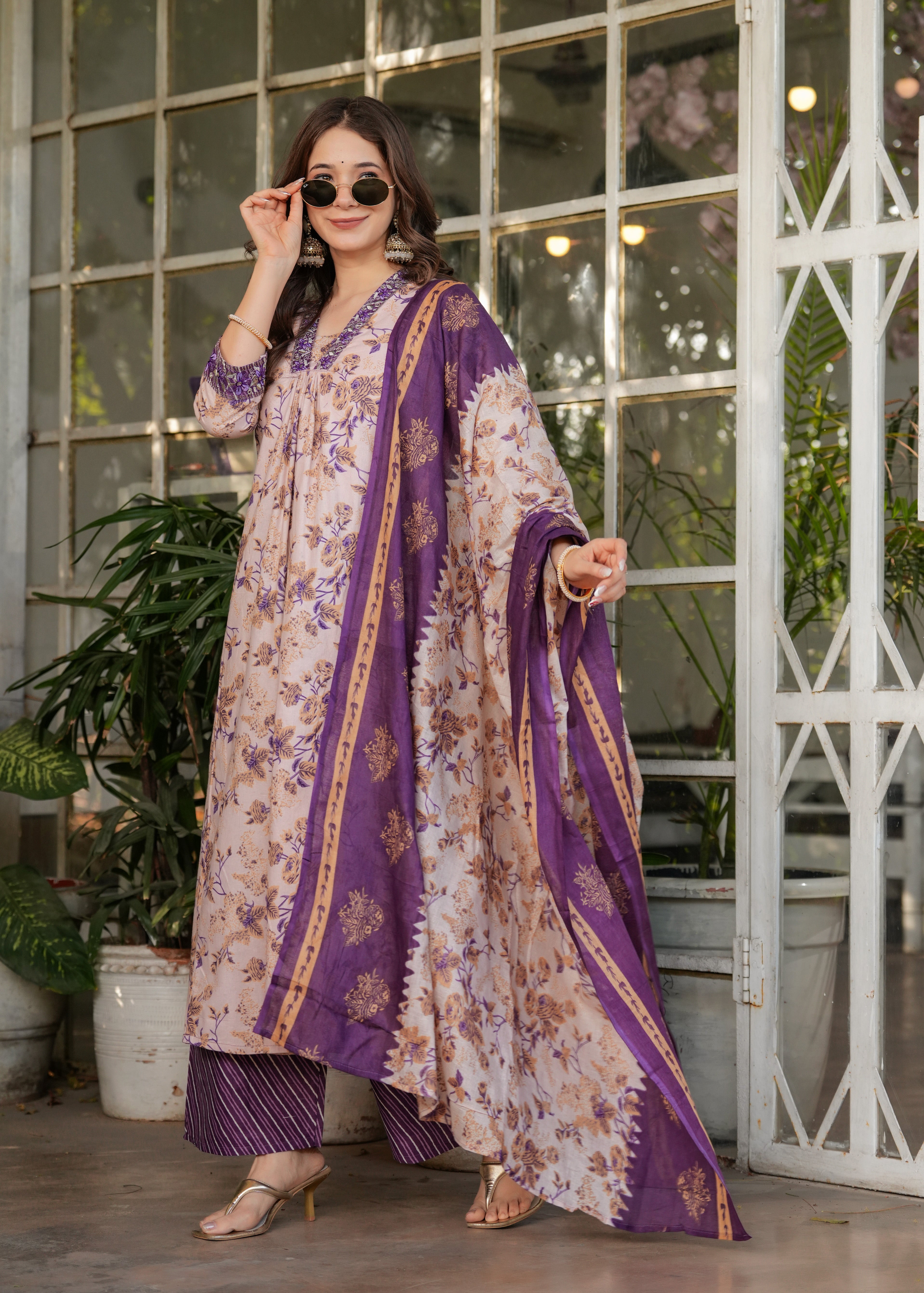 Cream Floral Cotton Kurta Set with Pant and Dupatta