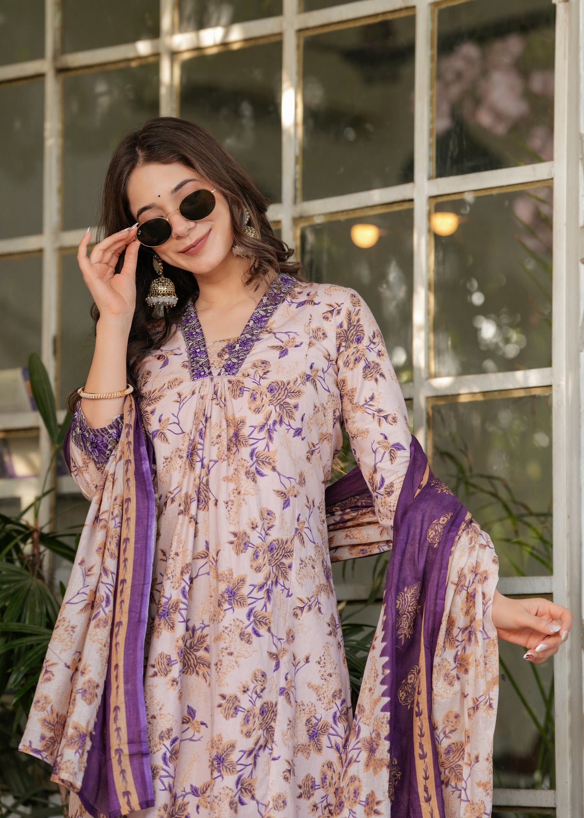 Cream Floral Cotton Kurta Set with Pant and Dupatta for Women