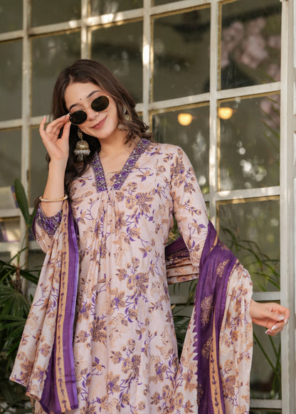 Cream Floral Cotton Kurta Set with Pant and Dupatta for Women
