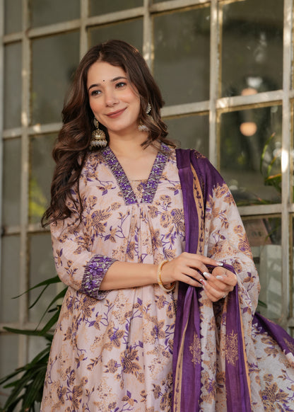 Cream Floral Cotton Kurta Set with Pant and Dupatta for Women