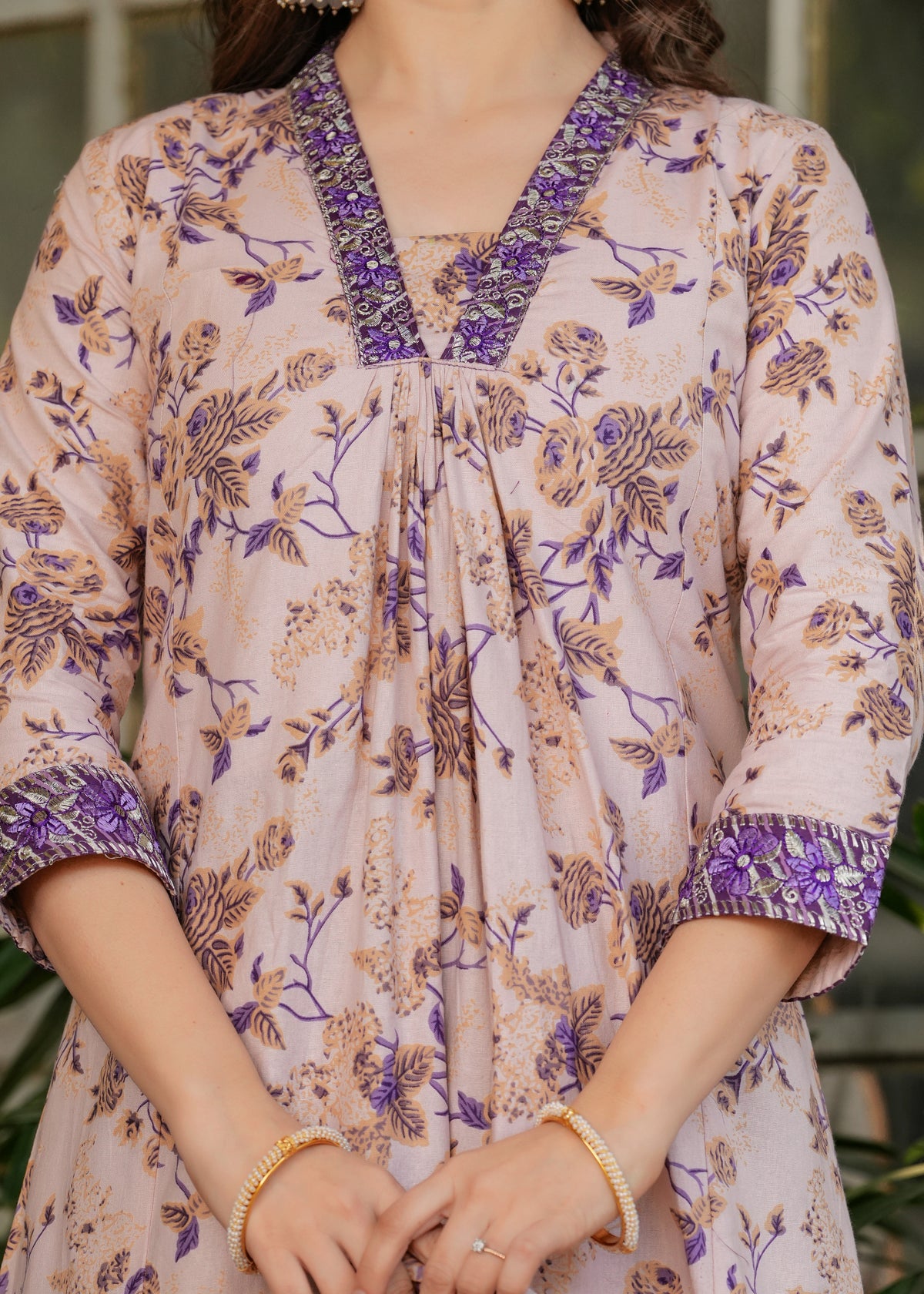 Cream Floral Cotton Kurta Set with Pant and Dupatta for Women