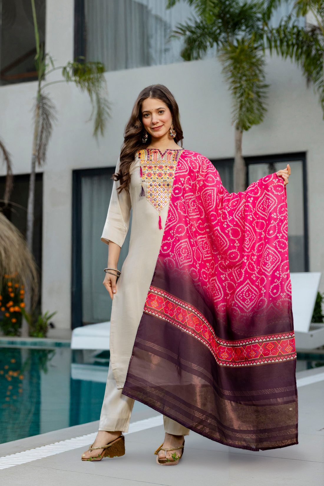 Cream Embroidered Kurta Set with Bandhani Style Dupatta 2 for Women
