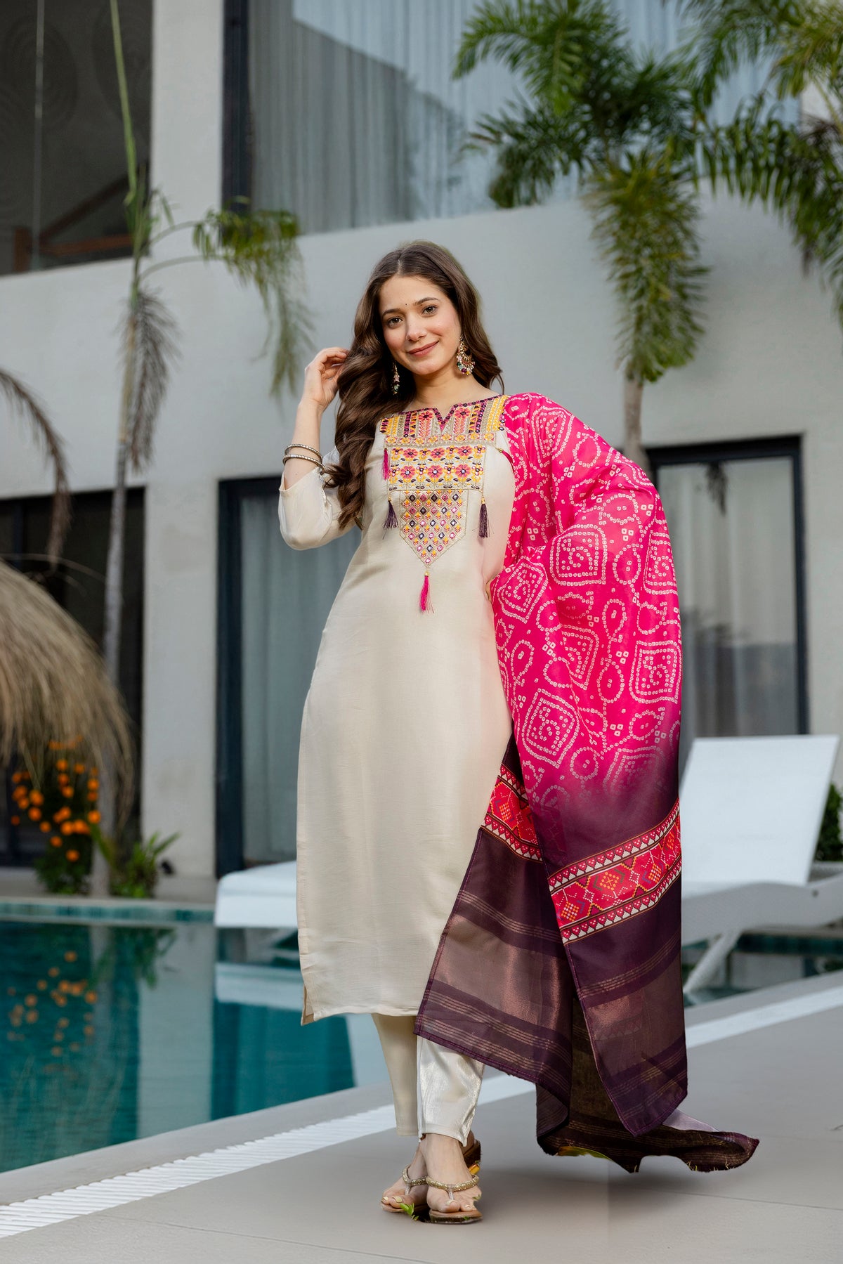 Cream Embroidered Kurta Set with Bandhani Style Dupatta 2 for Women