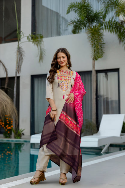 Cream Embroidered Kurta Set with Bandhani Style Dupatta 2 for Women