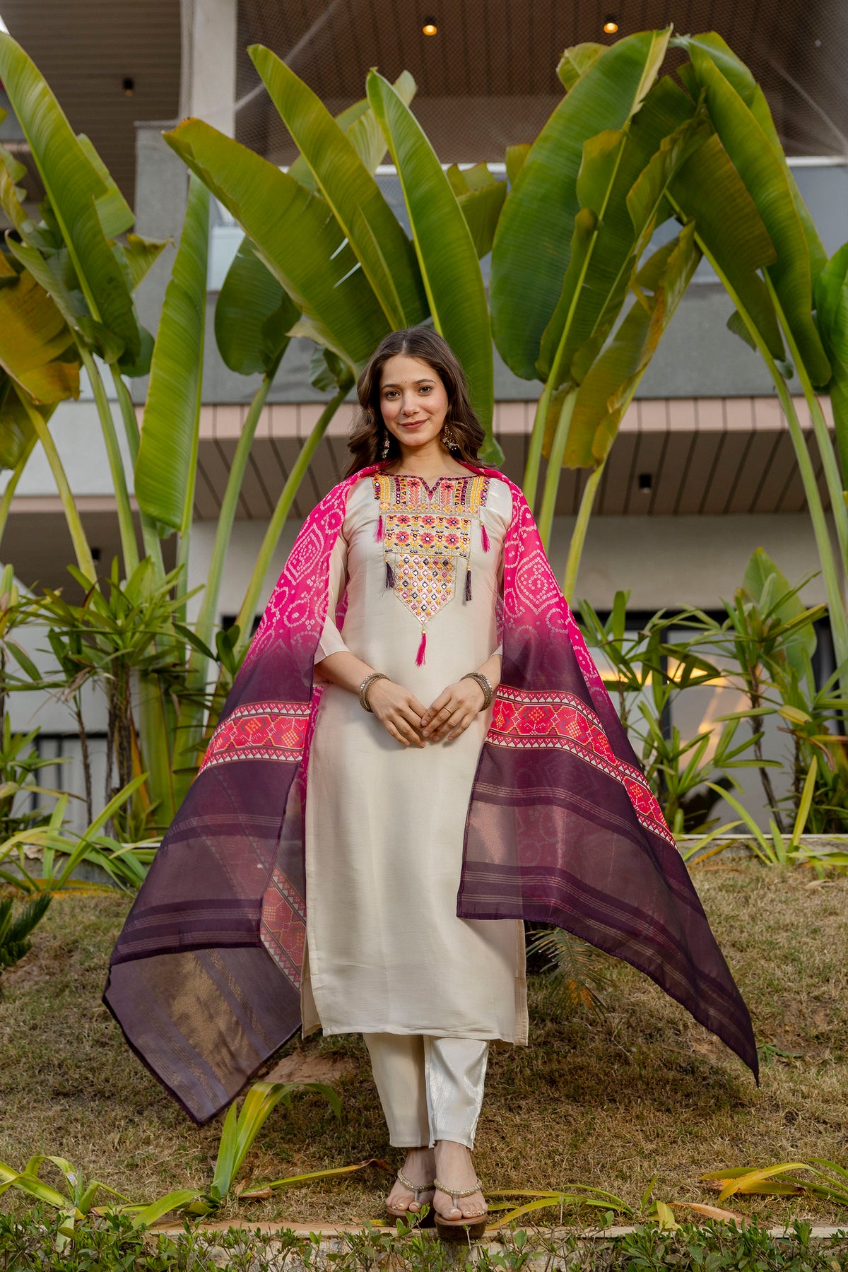 Cream Embroidered Kurta Set with Bandhani Style Dupatta 2 for Women