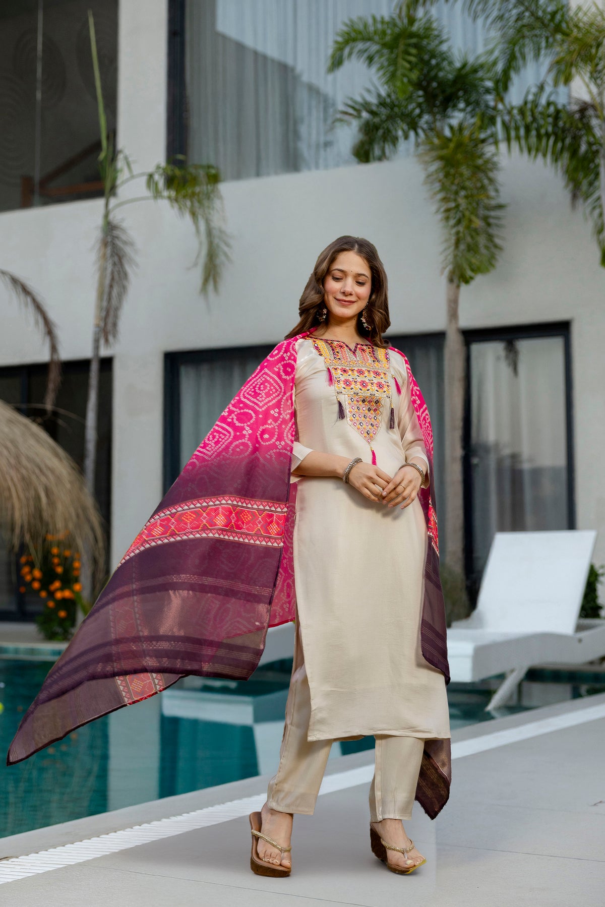 Cream Embroidered Kurta Set with Bandhani Style Dupatta 2 for Women