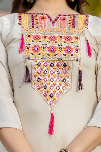 Cream Embroidered Kurta Set with Bandhani Style Dupatta 2 for Women