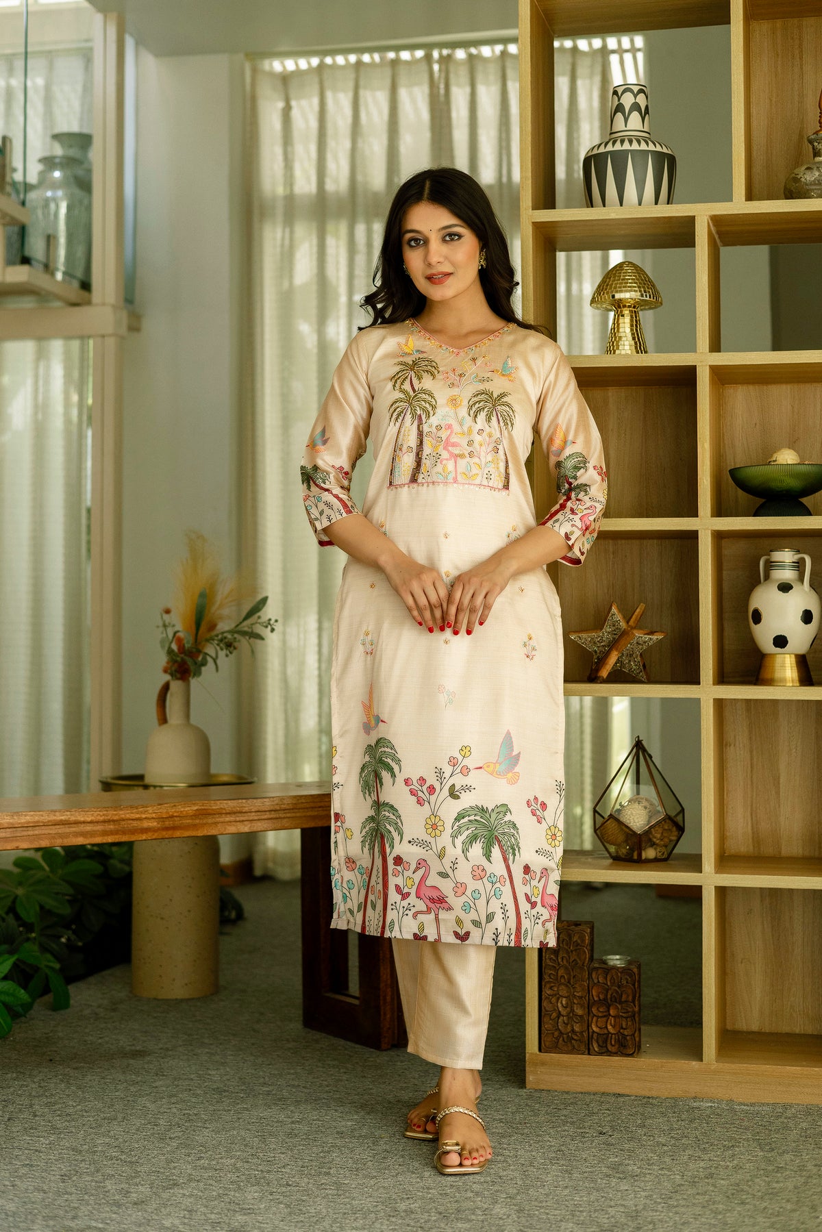 Cream Embroidered Silk Kurti Pant with Designer Dupatta for Women