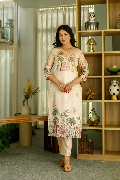 Cream Embroidered Silk Kurti Pant with Designer Dupatta for Women