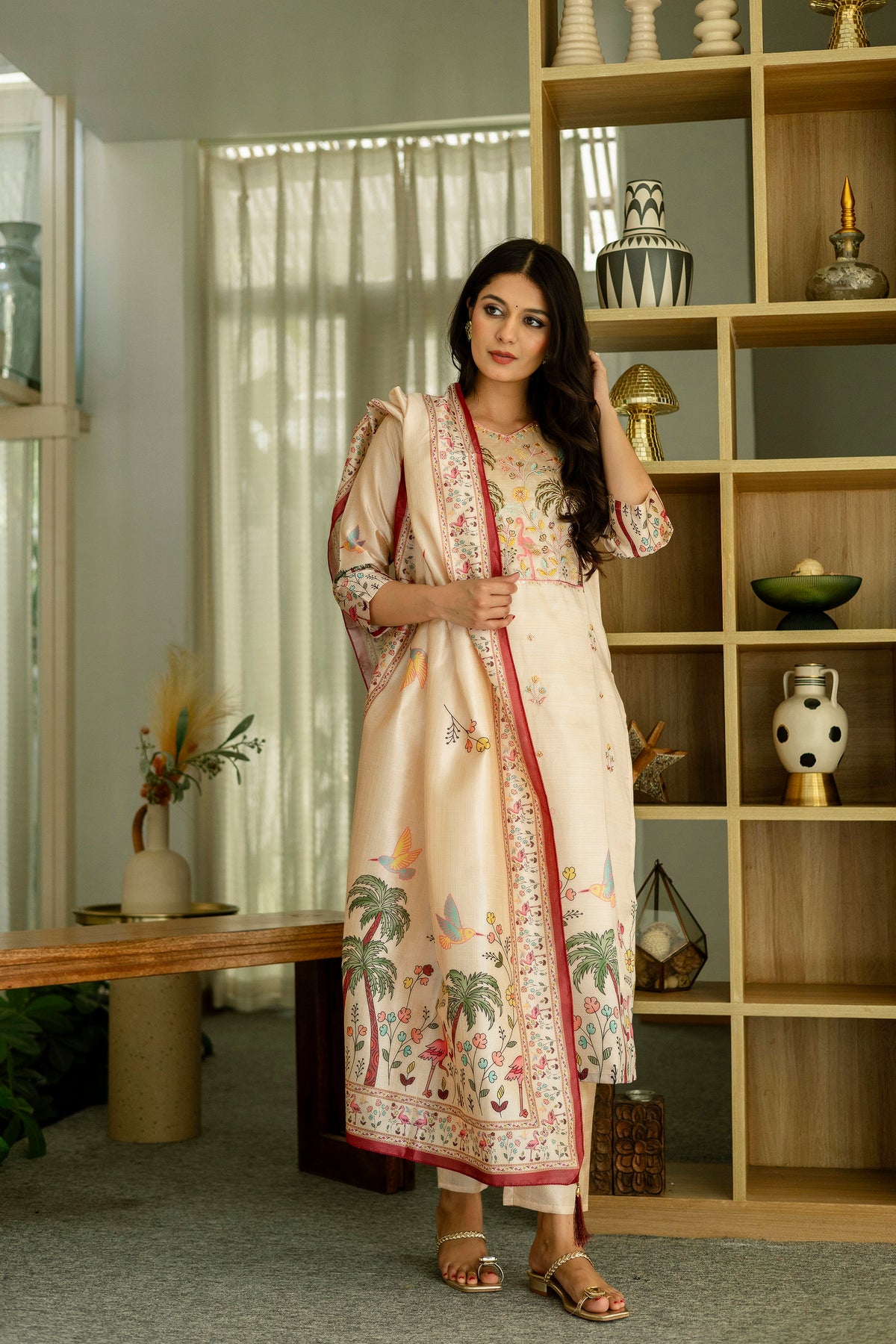 Cream Embroidered Silk Kurti Pant with Designer Dupatta for Women