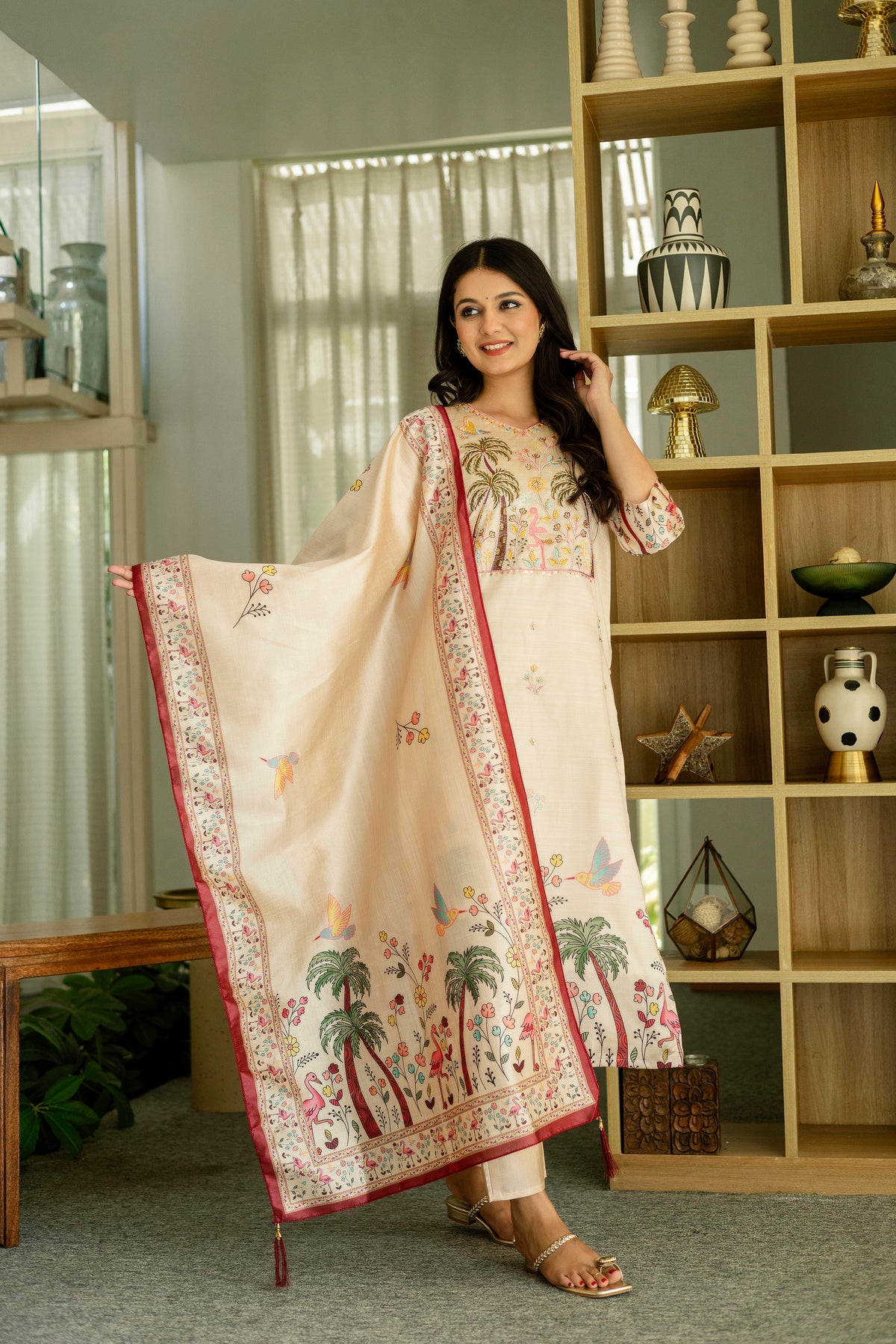 Cream Embroidered Silk Kurti Pant with Designer Dupatta for Women