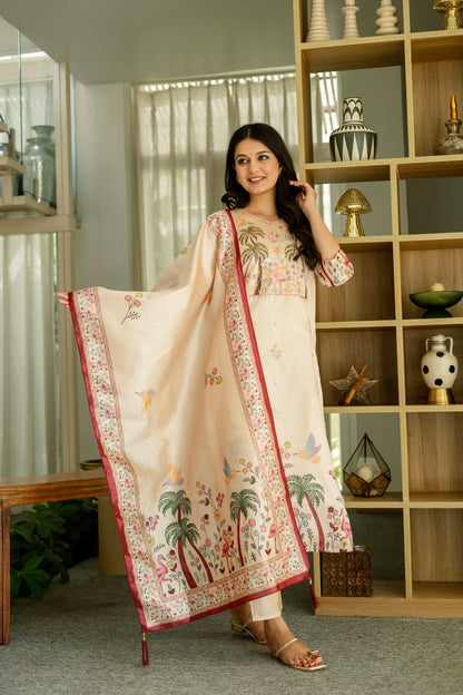 Cream Embroidered Silk Kurti Pant with Designer Dupatta for Women
