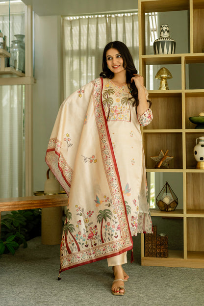 Cream Embroidered Silk Kurti Pant with Designer Dupatta for Women