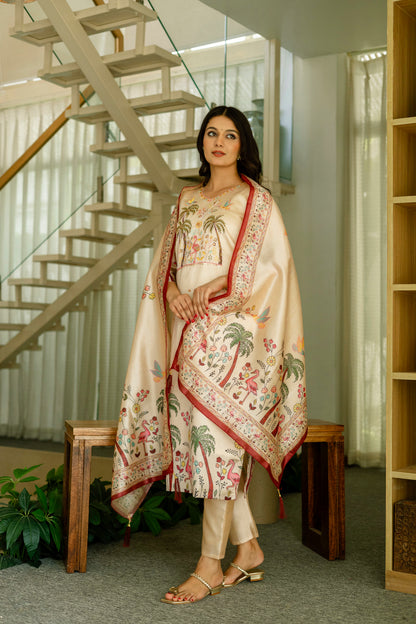 Cream Embroidered Silk Kurti Pant with Designer Dupatta for Women