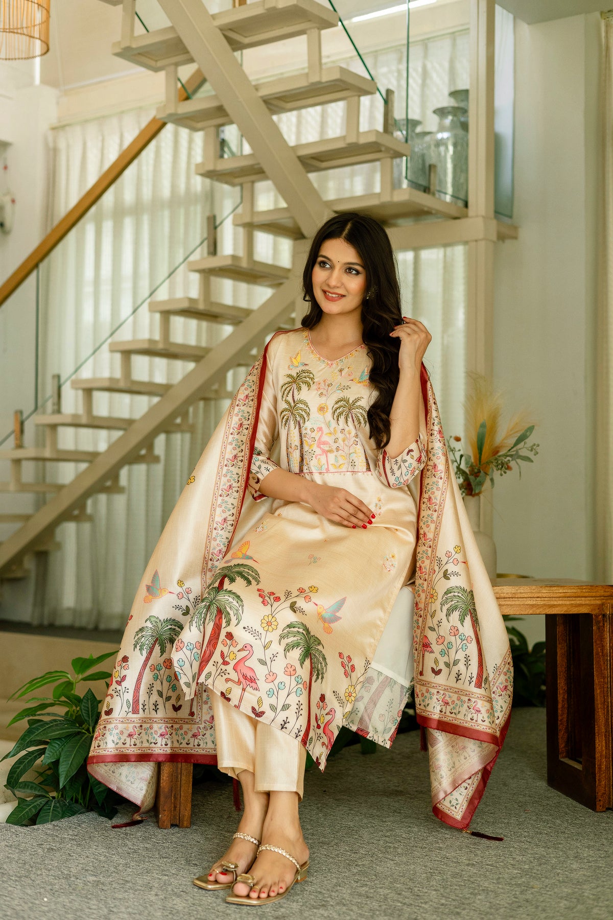 Cream Embroidered Silk Kurti Pant with Designer Dupatta for Women