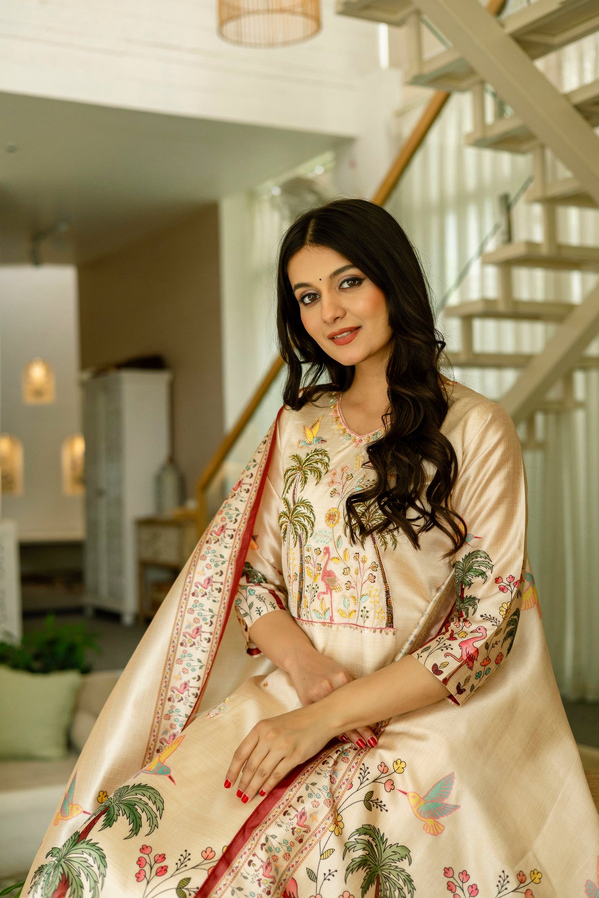 Cream Embroidered Silk Kurti Pant with Designer Dupatta for Women