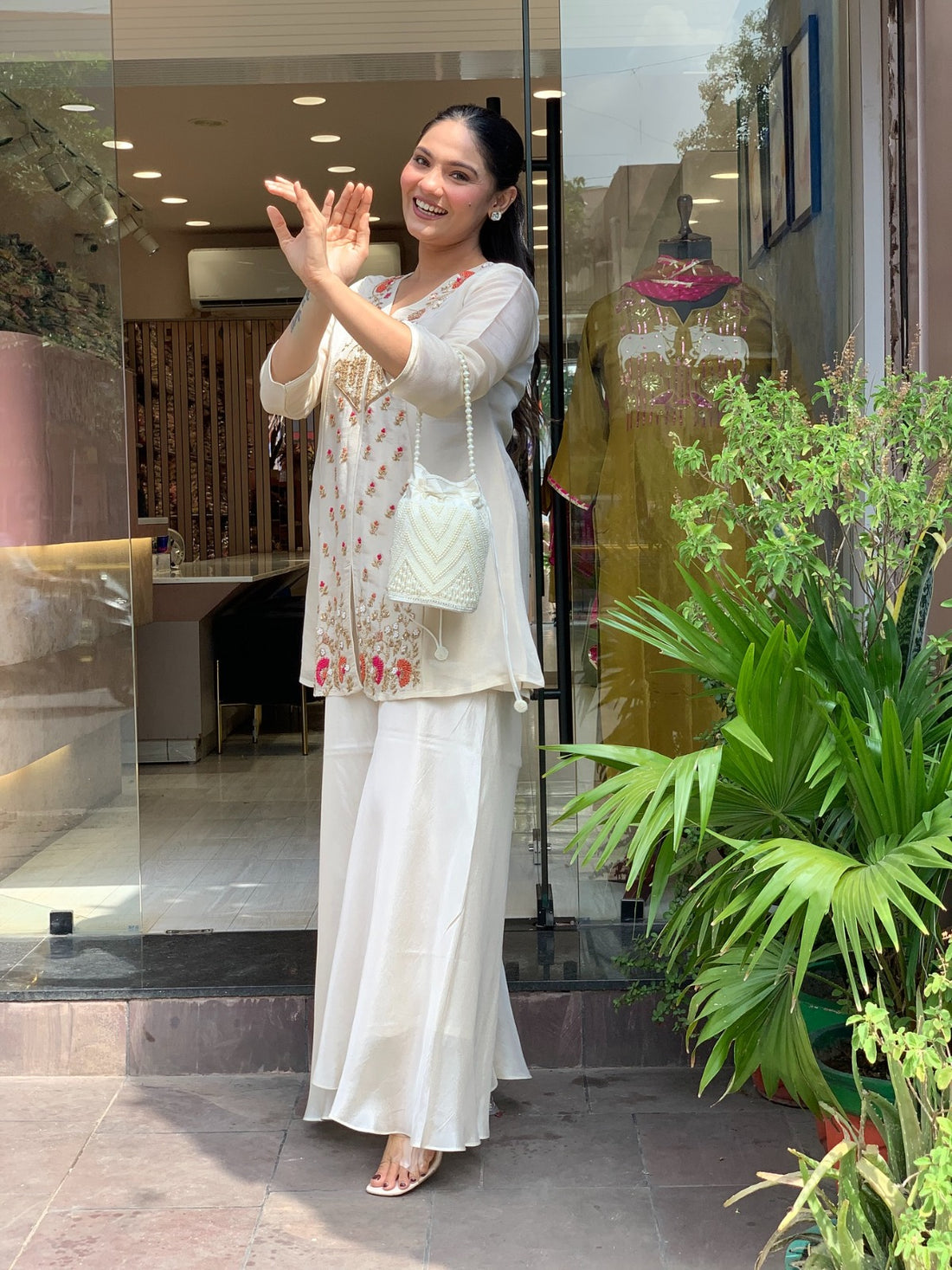 Cream Embroidered Silk Kurta Pant Ethnic Co-ord Set for Women