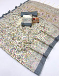 Cream Floral Pashmina Saree with Shawl & Blouse