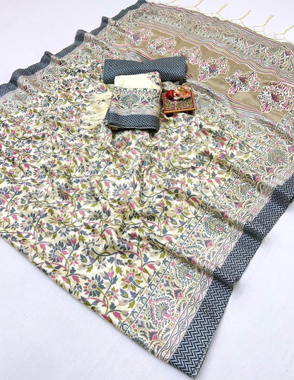 Cream Floral Pashmina Saree with Shawl &amp; Blouse for Women