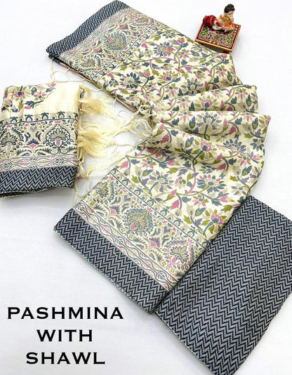 Cream Floral Pashmina Saree with Shawl &amp; Blouse for Women