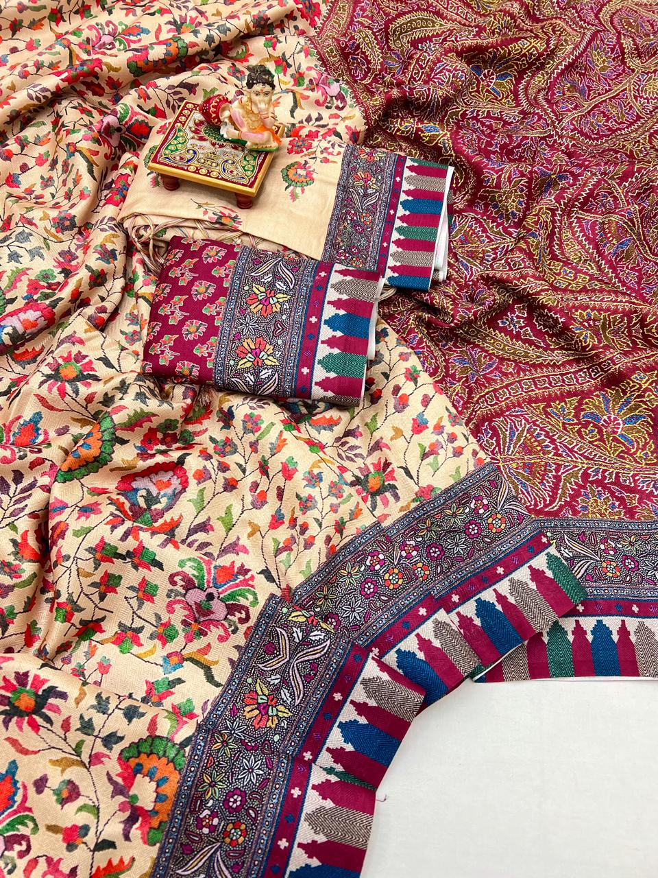 Cream Floral Pashmina Saree With Shawl & Blouse