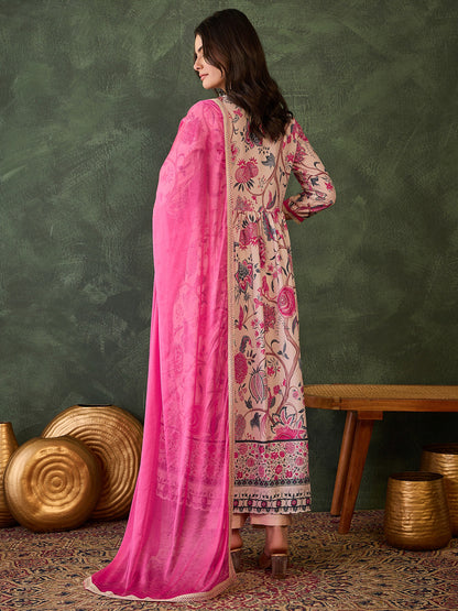Cream Floral Print Kurti Pant Dupatta Set for Women