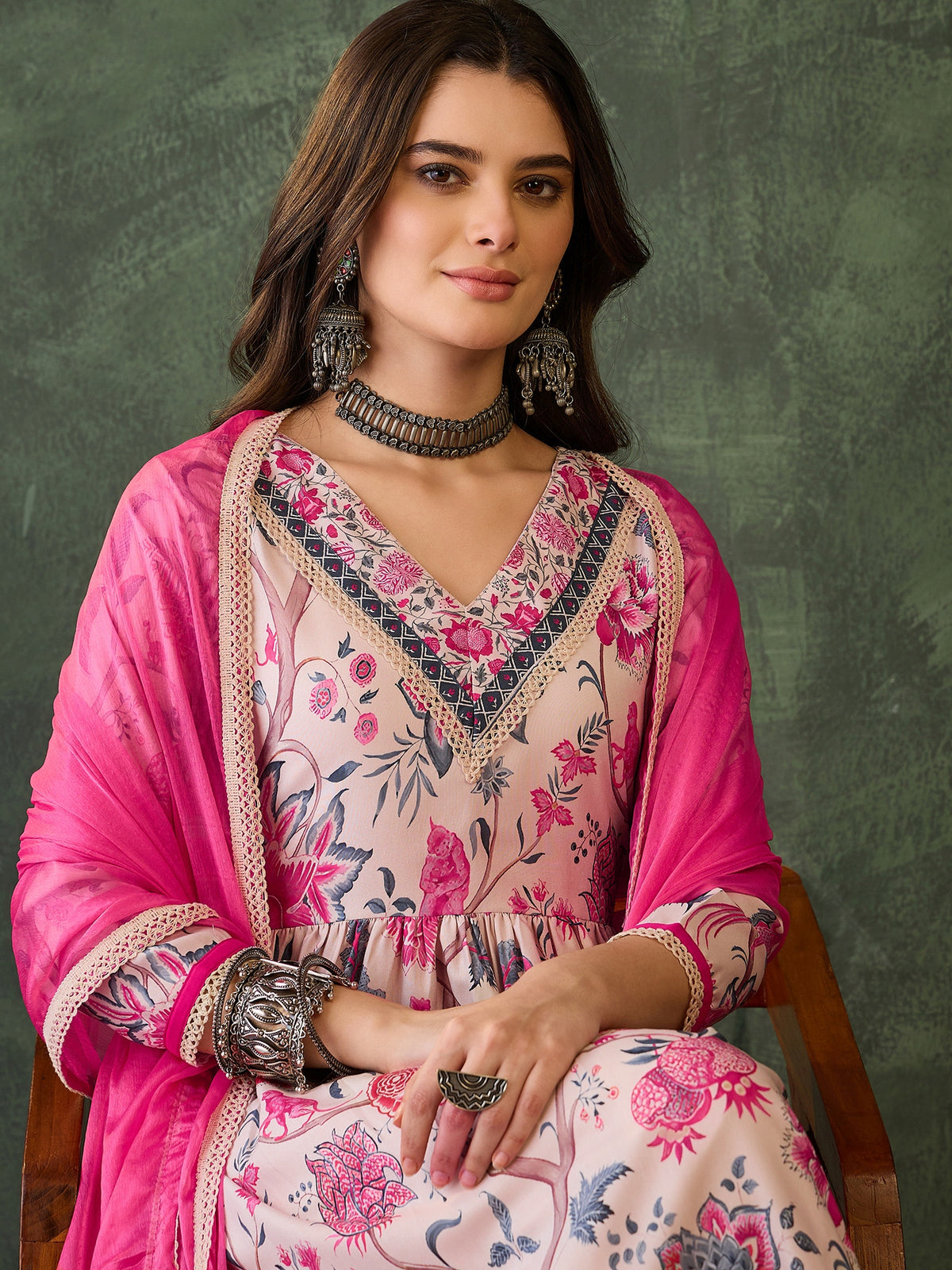 Cream Floral Print Kurti Pant Dupatta Set for Women