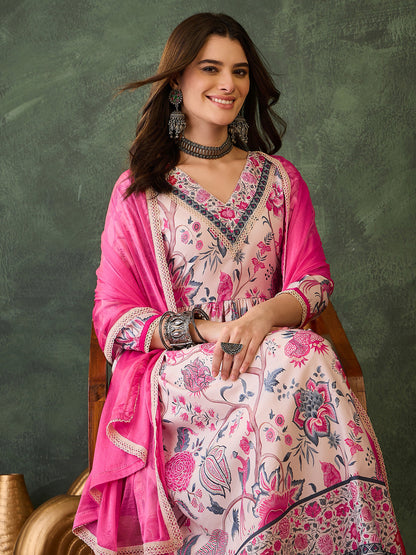 Cream Floral Print Kurti Pant Dupatta Set for Women