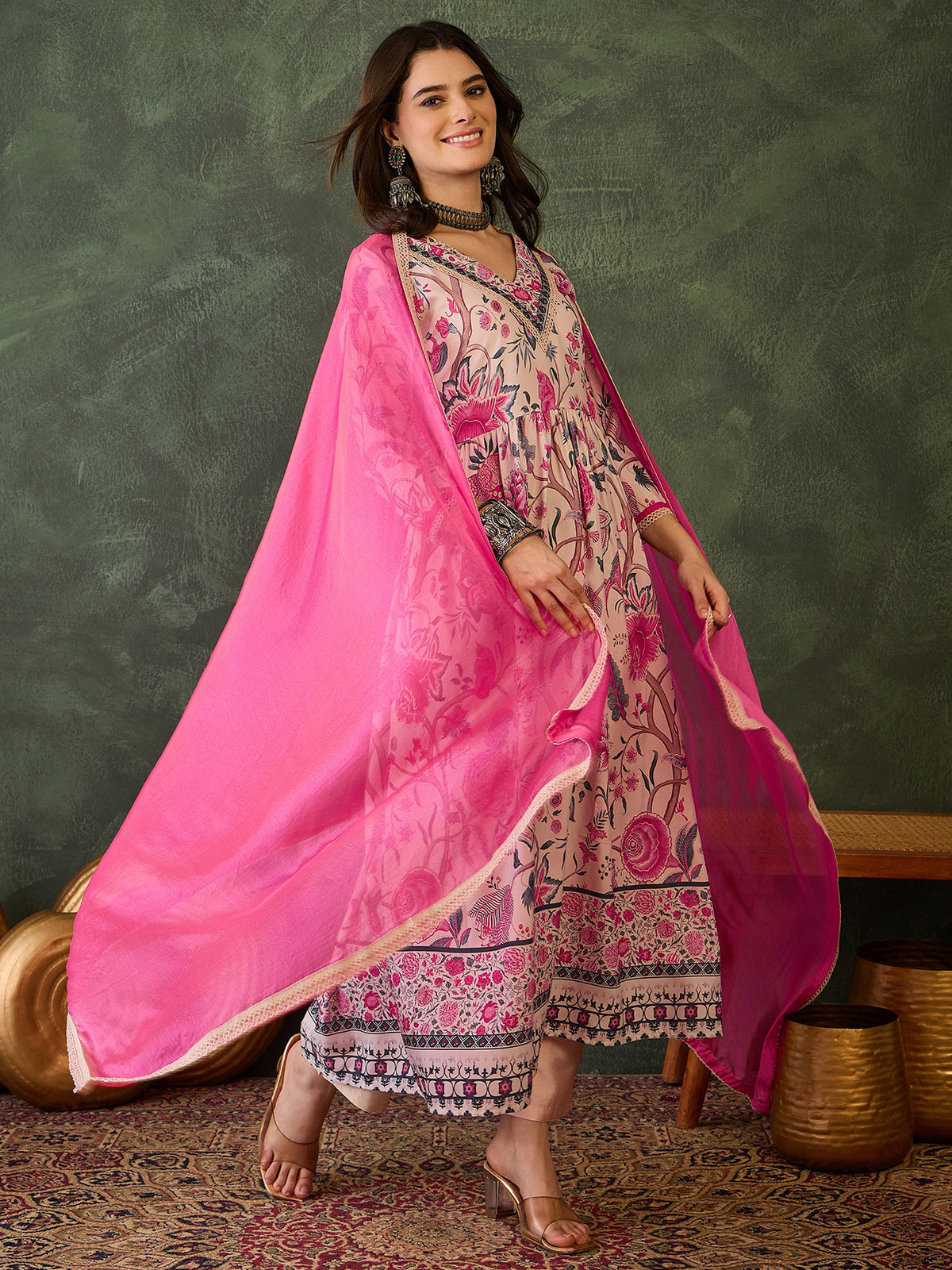 Cream Floral Print Kurti Pant Dupatta Set for Women