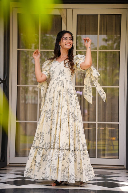 Cream Floral Printed Western Dress for Women