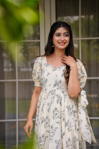 Cream Floral Printed Western Dress for Women