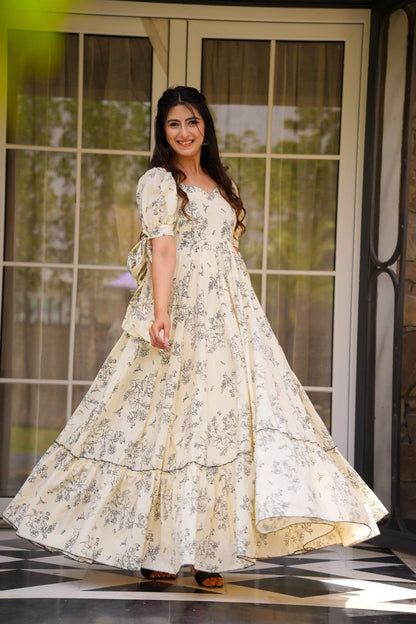 Cream Floral Printed Western Dress for Women