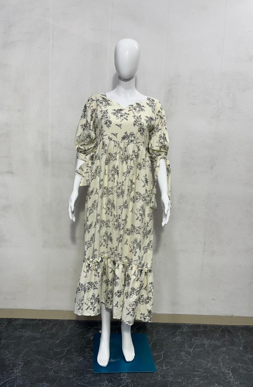 Cream Floral Printed Western Dress for Women