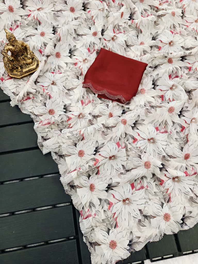 Cream Floral Georgette Saree with Stone Work Blouse for Women