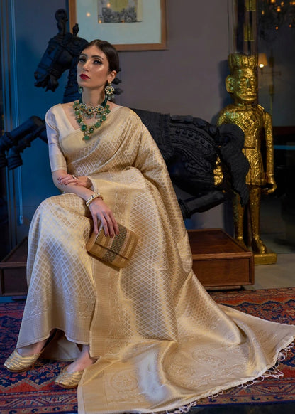 Cream Gold Lichi Silk Saree With Rich Jacquard Work for Women