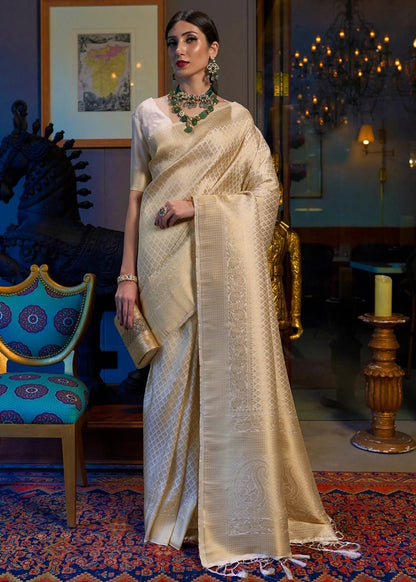 Cream Gold Lichi Silk Saree With Rich Jacquard Work for Women