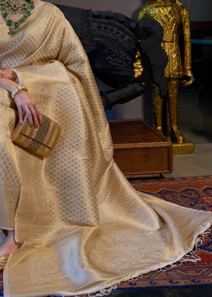 Cream Gold Lichi Silk Saree With Rich Jacquard Work for Women